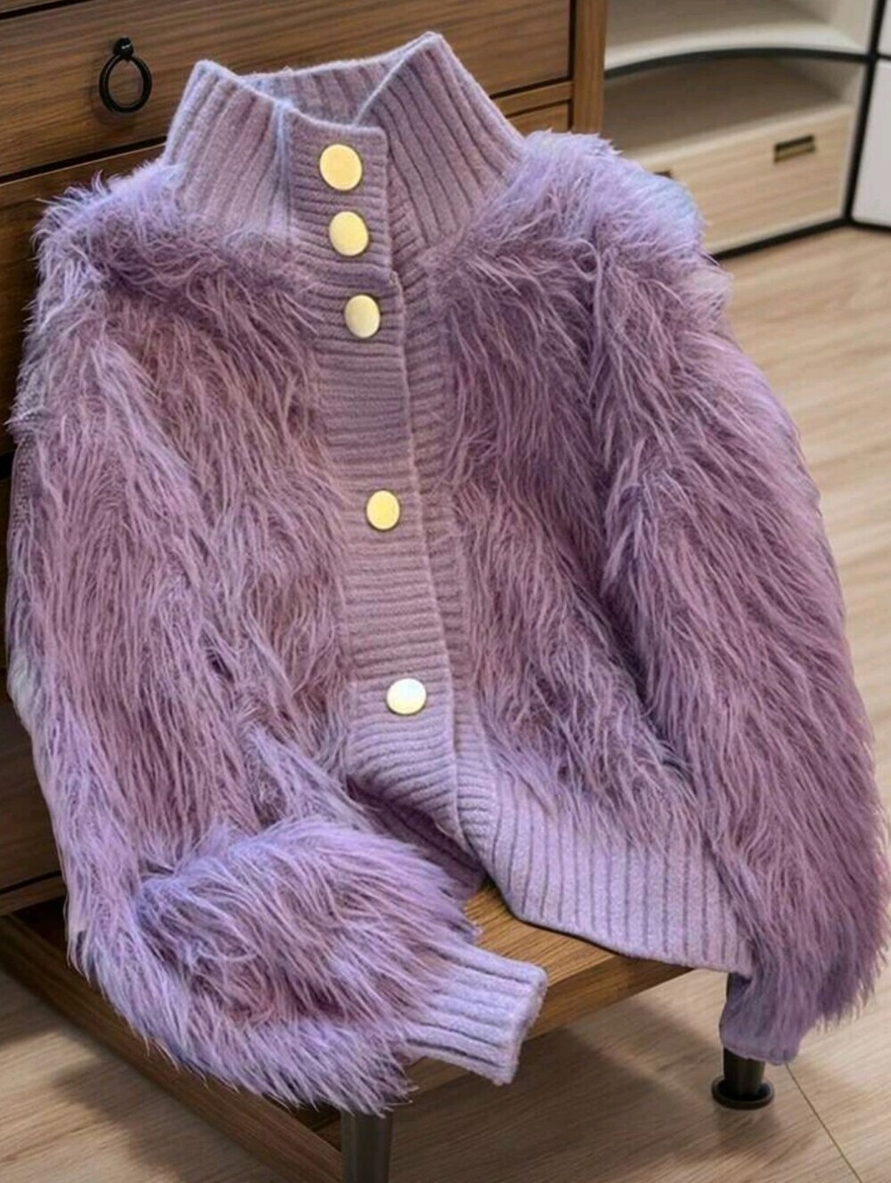 Korean Style Fluffy Knit Cardigan - Soft Faux Fur Sweater With Fan-Shaped